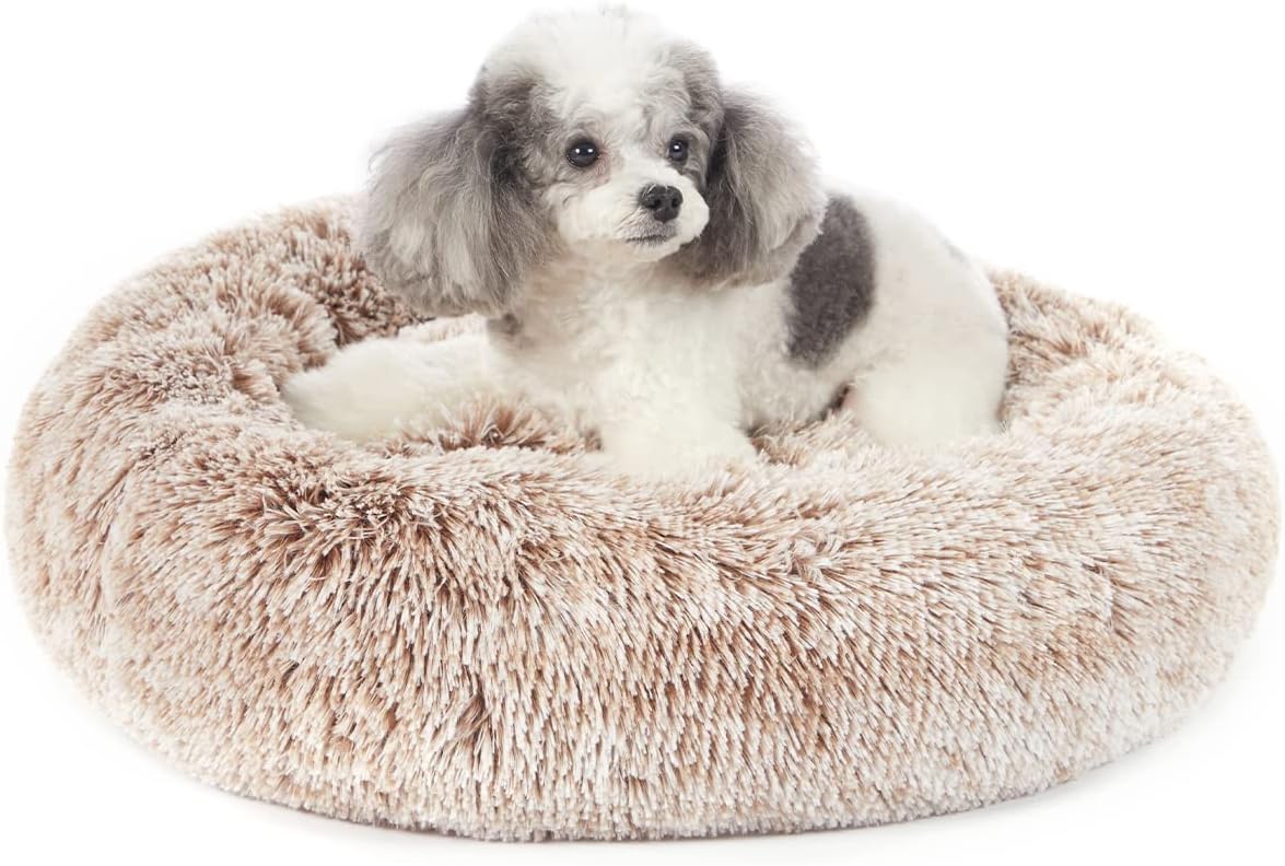 Bedfolks Calming Donut Dog Bed, 23 Inches Round Fluffy Dog Beds for Small Dogs, Machine Washable Anti-Anxiety Plush Puppy Bed（Brown, Small）