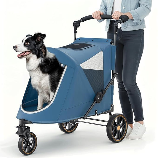 MoNiBloom Pet Stroller for Large Dogs or Dogs Cats up to 55 lbs, Navy Blue | with Adjustable Handle, 3-Wheels Dual Entry Portable Dog Carting Easy Folding Pet Wagon Double Multiple Dog Stroller