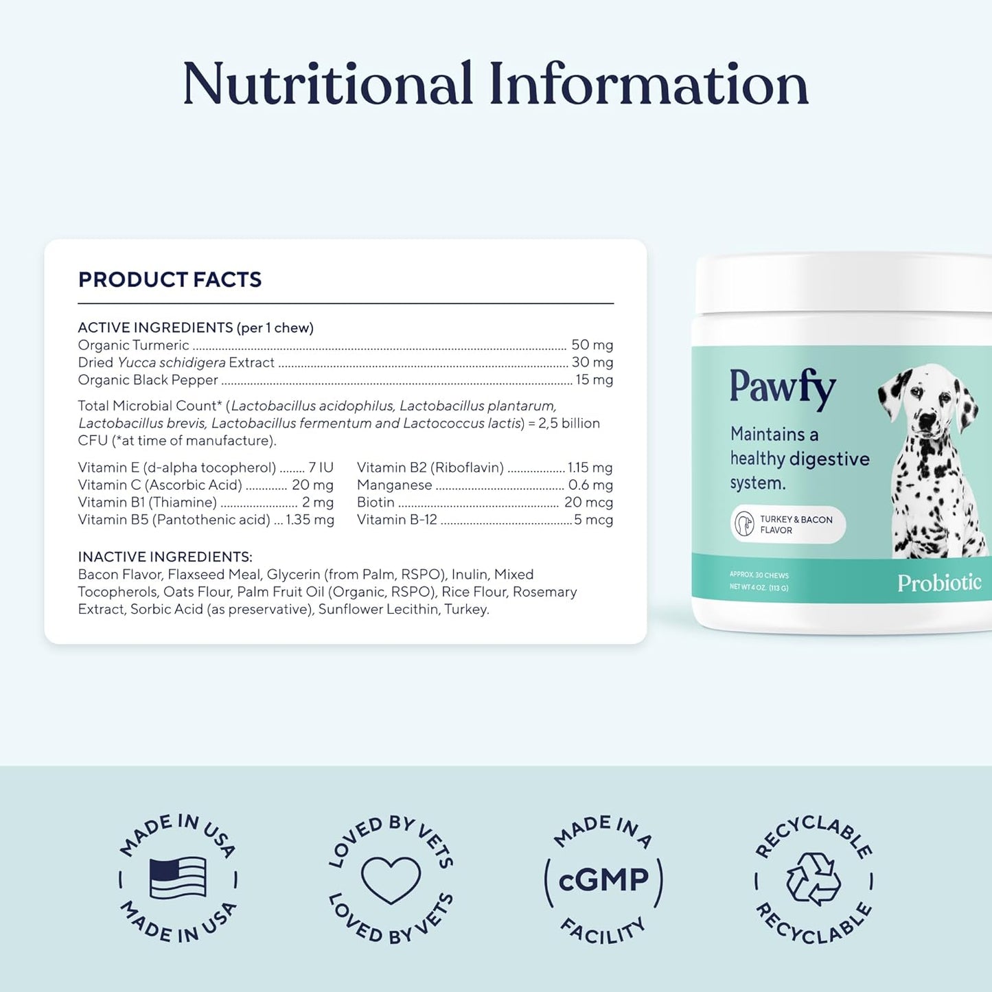Pawfy Probiotics for Dogs | Supports Digestive Health, Diarrhea for Small and Large Dogs | Improves Gut Health | Anti Yeast Supplements | Promotes Skin Health and Seasonal Allergies Support - 30 Chews