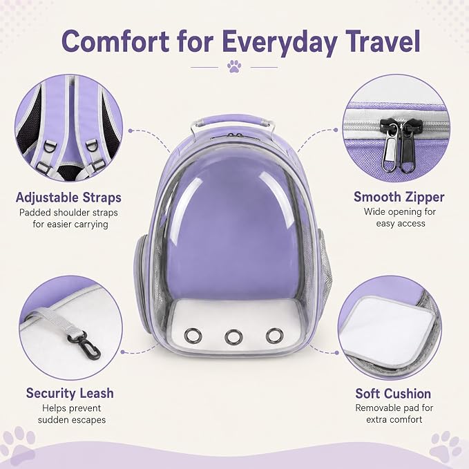 Expandable Cat Backpack Carrier, Breathable Clear Bubble Window Pet Carrier for Small Dogs and Cats up to 12 lbs, Airline Approved Travel Bag for Hiking and Outdoor Use (Back Expandable-Purple)