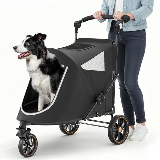 MoNiBloom Pet Stroller for Large Dogs or Dogs Cats up to 55 lbs, Black | with Adjustable Handle, 3-Wheels Dual Entry Portable Dog Carting Easy Folding Pet Wagon Double Multiple Dog Stroller