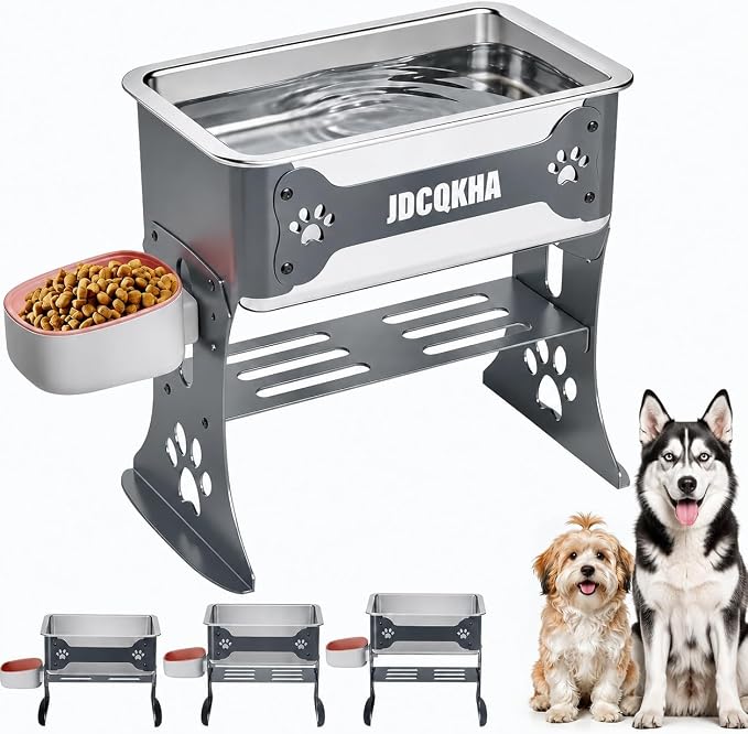 1.5 Gallon Elevated Large Dog Water Bowl, 2 Height Adjustable Stainless Steel Raised Dog Water Bowl Stand for Large Breed, Metal Pet Bowl Stand for Relief Joint Pressure, Easy Clean (Gray)