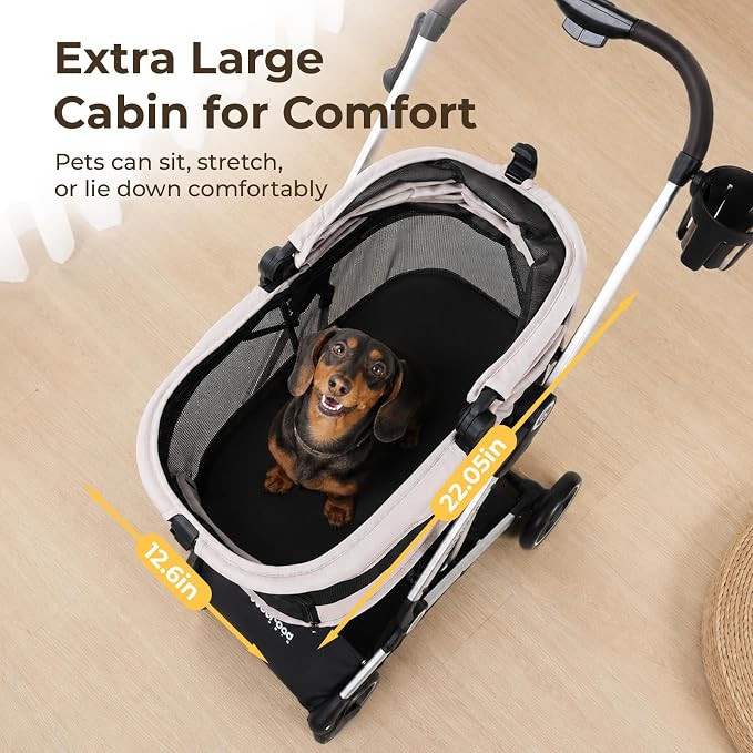 T4 PRO Pet Stroller for Small Medium Dogs, Cat Strollers for 2 Cats, 4 Wheels Folding Pet Stroller for Cats with Pad, Canopy and Cup Holder, Beige
