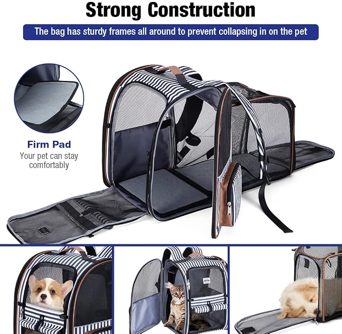 Extra Large Cat Backpack Carrier Expandable Pet Carrier Backpack for Small Dogs Medium Cats Fit Up to 18 Lbs, Dog Backpack Carrier, Foldable Puppy Backpack Carrier for Travel, Hiking,Striped