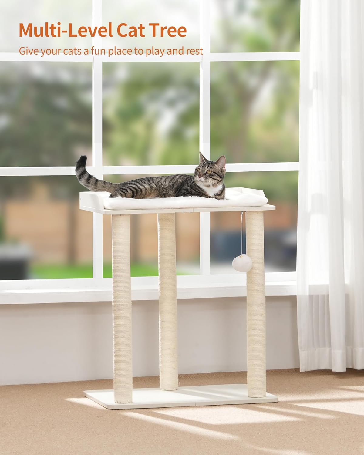FourFurPets 26.7in Large Cat Tree Tower Condo, Cat Scratch Posts for Indoor Cats, Big Plate, Three 23.6in Full Sisal Scratching Posts, White