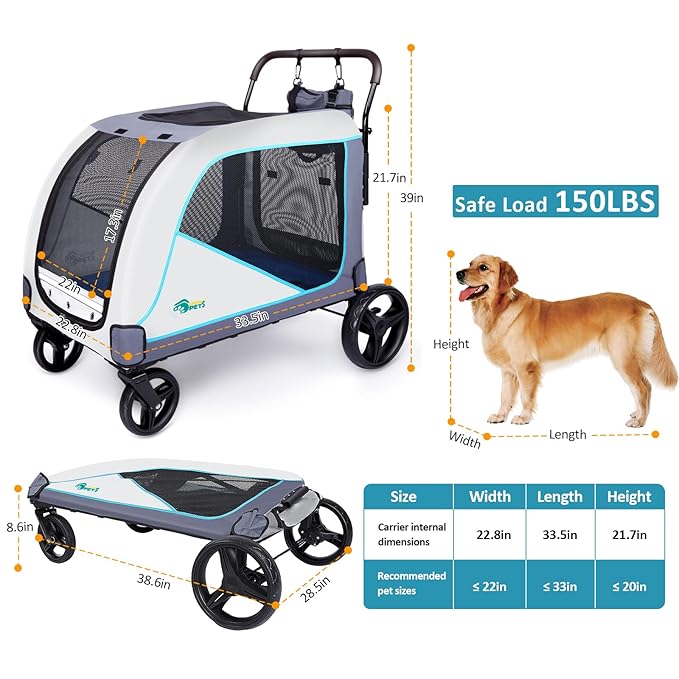Ownpets Extra Large Dog Stroller for Large Breeds, 154 lbs Capacity, Black | Low 12" entry, one-click fold, all-terrain rubber wheels, spacious 38"x28" cabin, waterproof, safety tether