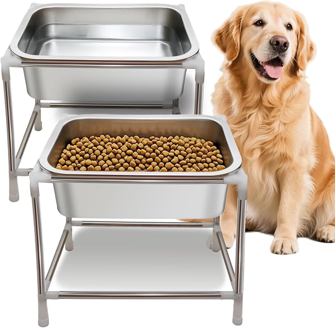 1.5 Gals 2 Sets Raised Dog Water Bowl Large Sized Dog Elevated Dogs Food and Water Bowl with Stand for Medium to Large Breeds Stainless Steel Indoor Outdoor Pets Feed Waterer Station (2 Sets)