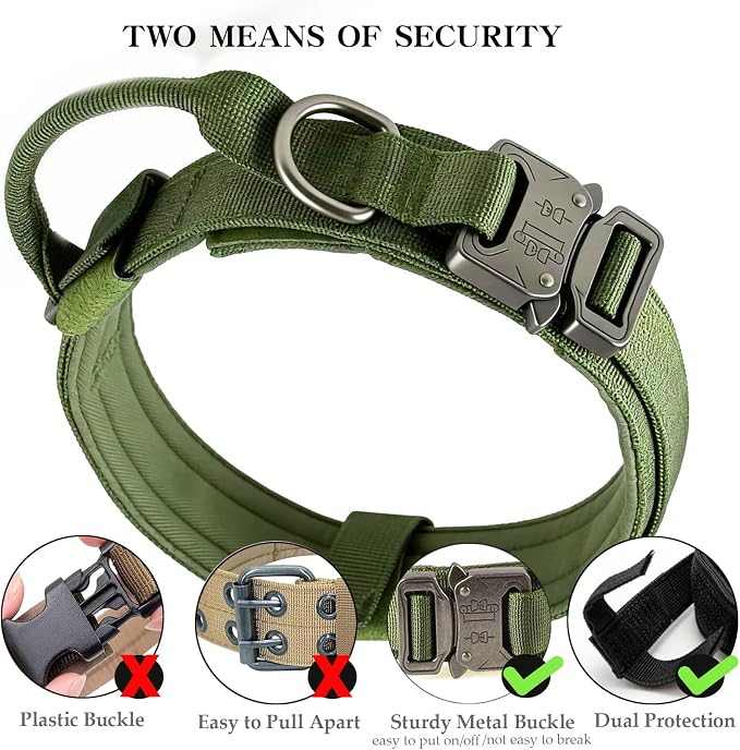 Tactical Dog Collar for Large Dogs with Control Handle,Green,XXL | 1000D Heavy-Duty Nylon Fabric，Quick-Release Metal Buckle，Soft-Padded Webbing，Velcro Patch&D-Ring for Training and Hiking