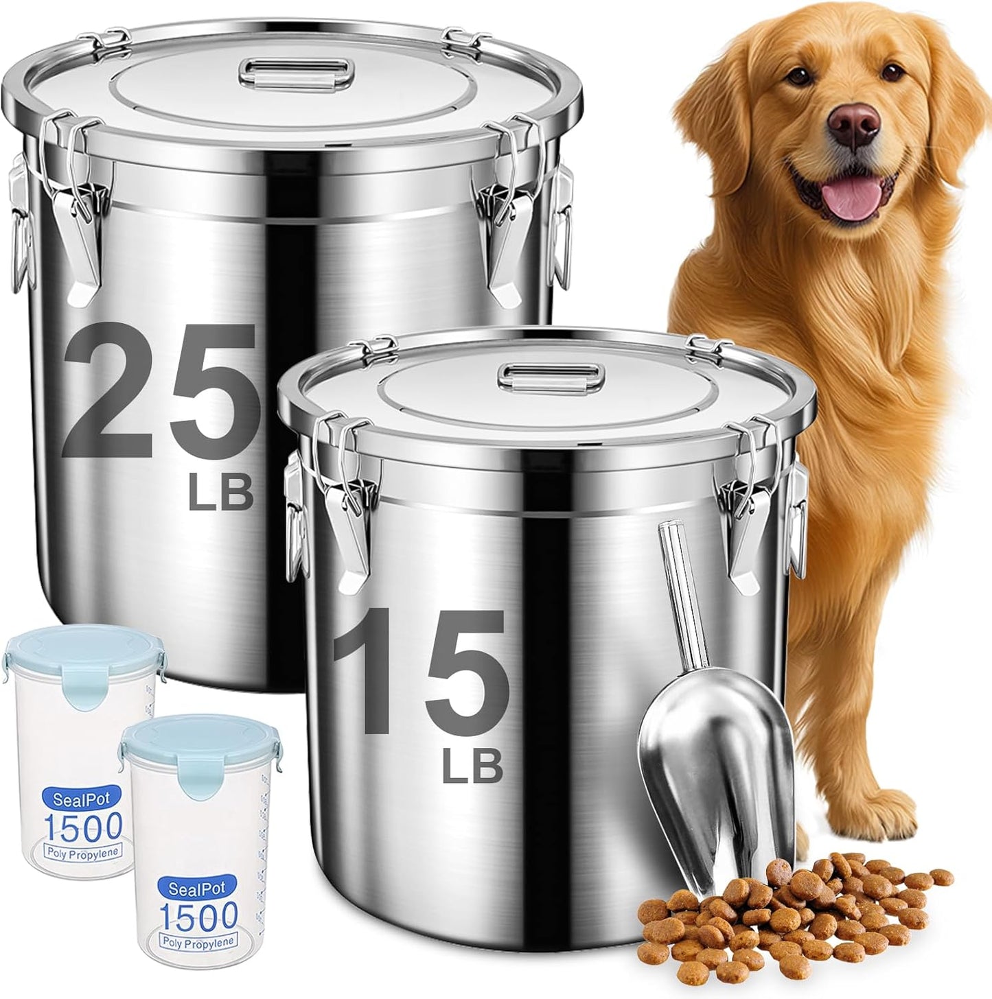Dog Food Storage Containers, Large Stainless Steel Pet Food Storage Containers 38 lb / 17 kg to Keep Fresh, Metal Airtight Cat Food Containers With Scoop and 2 Small Containers