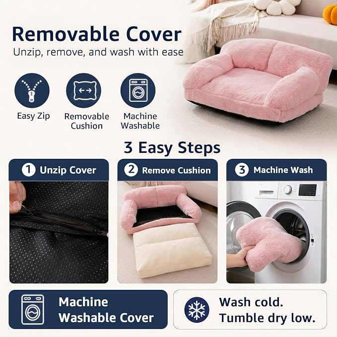 Cat Couch Bed with Removable Cover Washable Pink Small Dog Bed Soft Plush Pet Sofa for Indoor Cats Cute Princess Puppy Cushion, Non-Slip Bottom (Pink, 26x19x13 inch)
