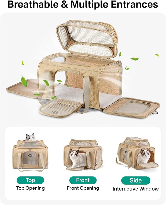 Cat Carrier Airline Approved 17x11x9.5 Inches, Top Expandable Soft Sided Pet Travel Carrier for Cats & Small Dogs, Fits Under Airline Seat with Locking Zippers, Brown