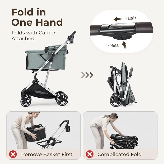 Pet Stroller Dog Cat Stroller for Small Medium Dogs Cats, 4 Wheels Travel Folding Carrier Waterproof Puppy Stroller with Pad, Canopy and Cup Holder, Green