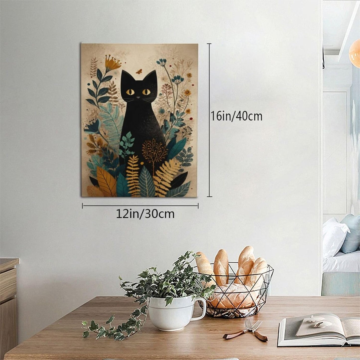 Boho Black Cat Wall Art Kitten Botanical Wall Decor Mid Century Modern Canvas Painting Print Minimalist Pictures Artwork Framed Decorations Gifts for Cat Lover Bathroom Nursery Living Room Bedroom Kitchen 12"x16"