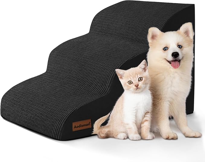 Aodisman Dog Stairs for Small Dogs and Cats,3-Step Pet Ramp for Couch,Chair | 15.7" H Non-Slip Sturdy Dog Steps with Curved Ramp for Senior,Short-Legged Dogs,Puppy and Cats to Reach Sofa or Chair,Black