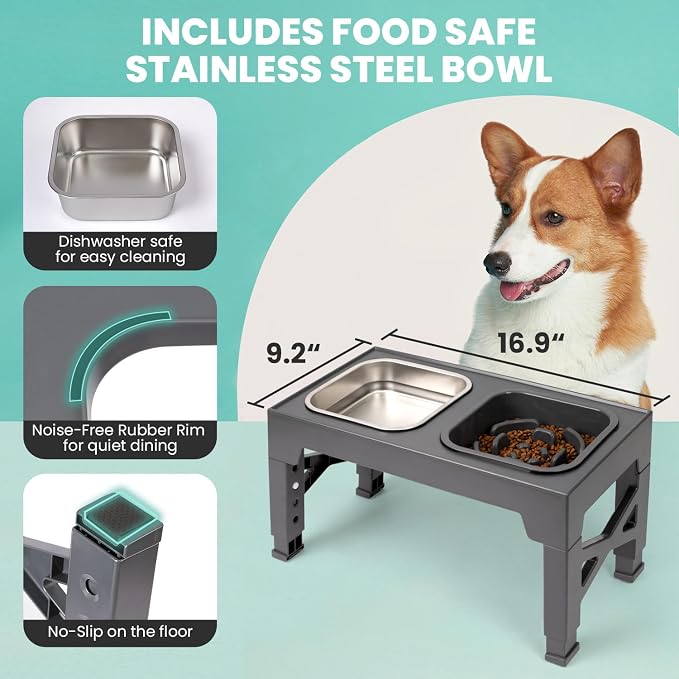 Elevated Dog Bowls, with Slow Feeder Bowl and Stainless Steel Dog Food Bowl, Raised Dog Bowls Adjusts to 5 Heights (3.15", 8.66", 9.84",11.02", 12.2") for Small Medium and Large Dogs