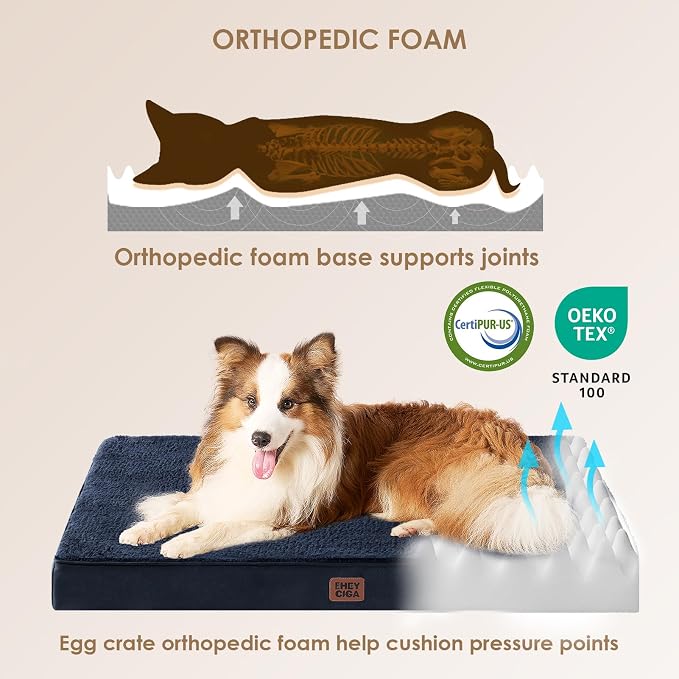 EHEYCIGA Orthopedic Dog Bed Large with Removable Washable Cover, 36IN Navy | Egg Crate Foam Support, Durable Oxford fabric, Non-Slip Bottom, Machine Washable, Soft Waterproof Plush Pet Bed Mat For Crate