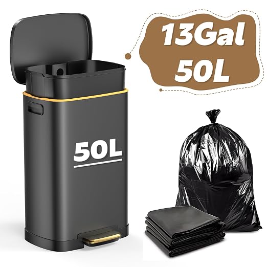 Outdoor Dog Poop Trash Can (13 Gal/50L) - Waterproof Stainless Steel Step Dog Waste Container with Odor-Locking Lid & Free Liners for Patio & Backyard