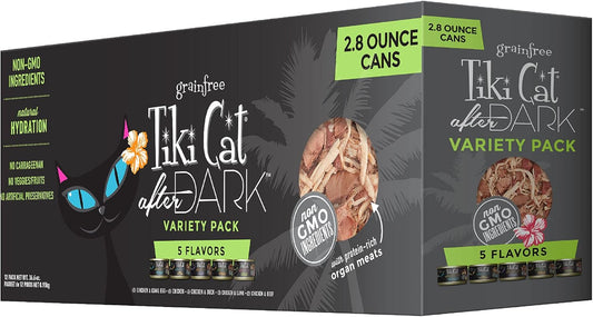 Tiki Cat After Dark, Variety Pack, High-Protein and 100% Non-GMO Ingredients, Wet Cat Food for Adult Cats, 2.8 oz. Cans (Pack of 12)