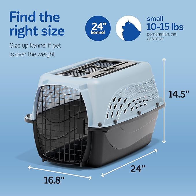 Petmate Dog Crates for Small Dogs & Cat Carriers, Two-Door Plastic Pet Kennel, Top & Front Loading, Made in USA, 24", Blue | Plastic pet kennel made in USA, for small pups and kittens, dual entry design, great for travel and vet trips, easy access