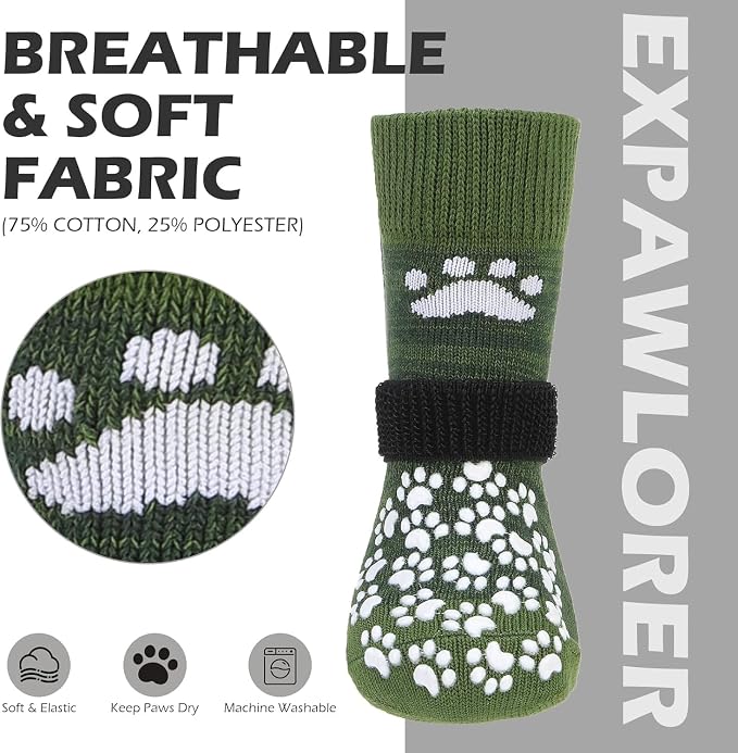 EXPAWLORER Anti Slip Dog Socks to Prevent Licking Paws, Shoes for Hot Pavement, Dog Booties for Small Medium Large Senior Dogs, Traction Control Boots & Paw Protectors for Hardwood Floors ArmyGreen