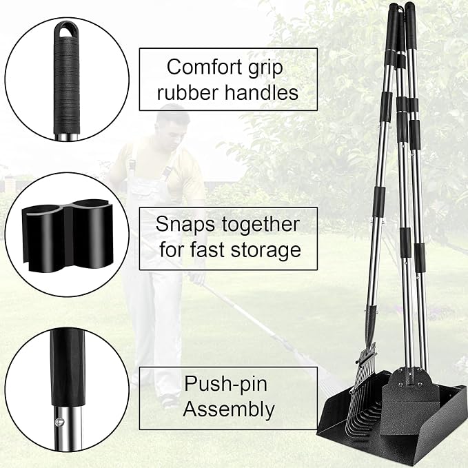 Petrip Large Pooper Scooper, Detachable Long Handle Poop Scooper for Large Medium Dog, Metal Dog Pooper Scooper with Rake Tray Spade, Easy Pick Up, Suitable for Lawn, Soil and Gravel