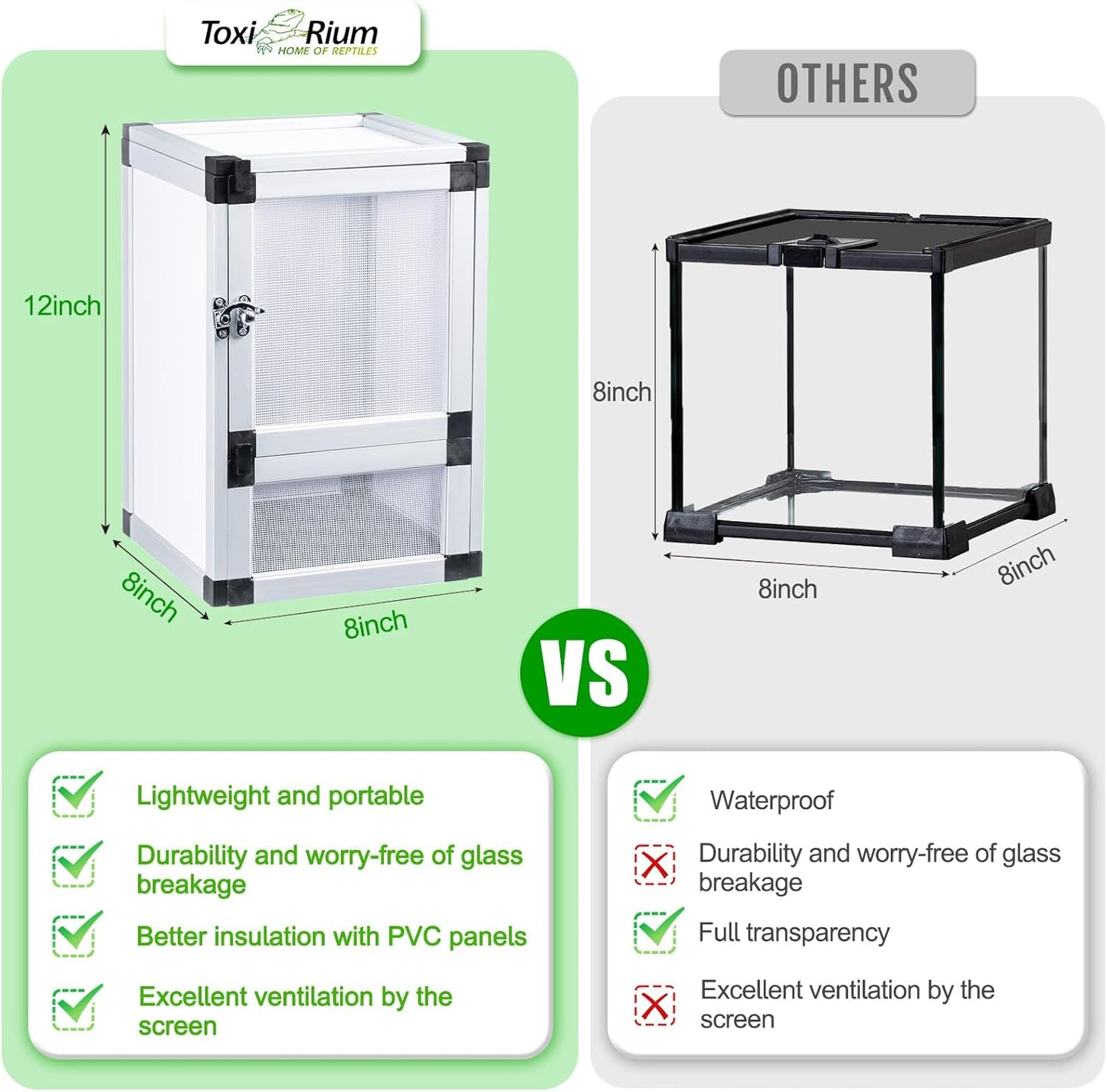 Small Reptile Cage 8" x 8" x 12", Hatching Habitat, Dual Doors, Screen & Acrylic Ventilation, Easy Assembly, for Lizards, Frogs, Geckos