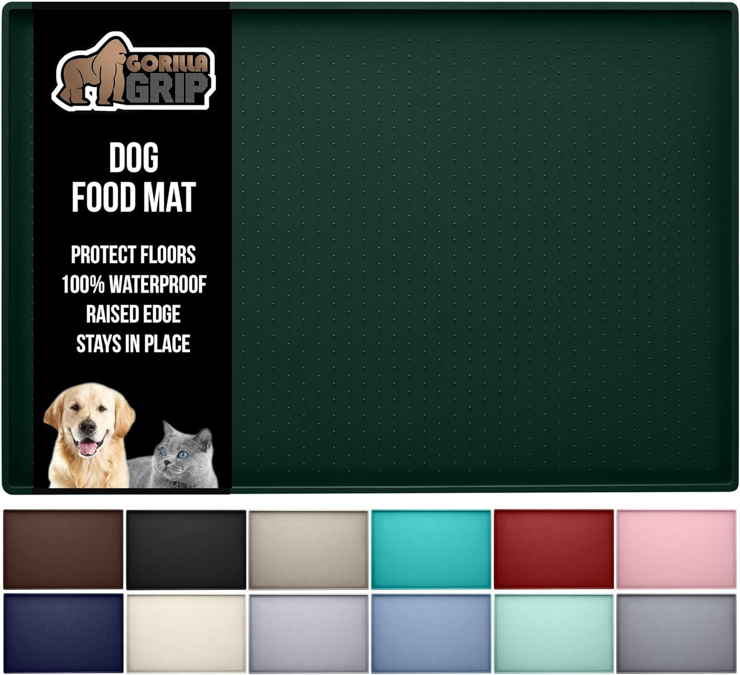 GORILLA GRIP 100% Waterproof Raised Edge BPA Free Silicone Pet Feeding Mat, Dog Cat Food Mats Contain Spills Protects Floors, Placemats for Cats and Dogs Water Bowl, Pets Accessories 18.5x11.5 Green