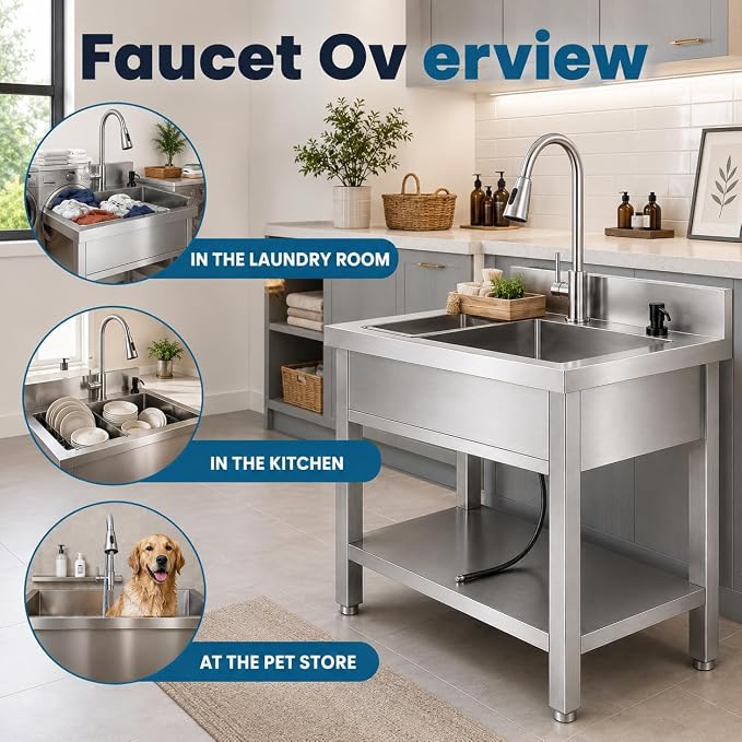 Pet Bathing Tub Station, Heavy Duty Utility Wash Basin for Garage Workshop, Freestanding Commercial Catering Sink, Single Bowl Laundry Station for Business Owners.