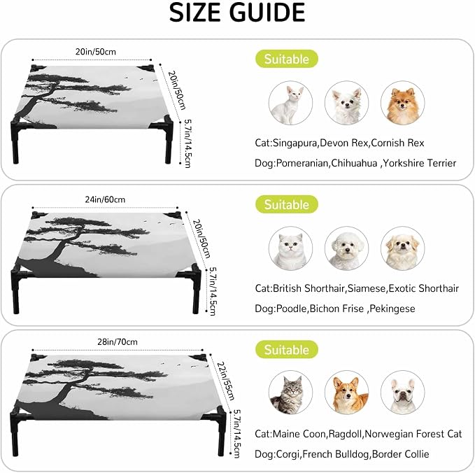 Outdoor Elevated Dog Bed for Large Dogs, Pine Trees Breathable Cooling Raised Dog Cot for Indoor/Outdoor, Modern Nature Foreset Mountains Birds Waterproof Elevated Pet Beds, L 28 x 22 in