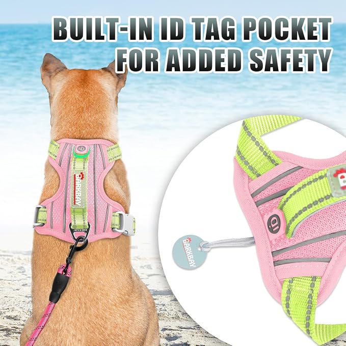 BARKBAY No Pull Dog Harness Large Reflective Dog Harness with Front Clip and Easy Control Handle for Walking Training Running with ID tag Pocket(Baby Pink & Sunlight,M)
