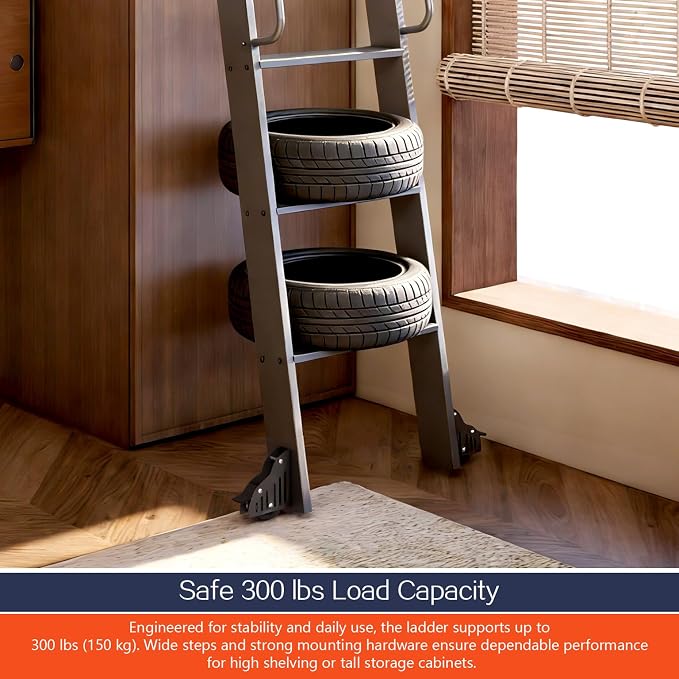 DIYHD 120" Rolling Library Ladder with Handrail, 4FT Sliding Rail, Black | 10-Step lightweight ladder with space-saving upright storage, Telescopic top hooks, Locking bottom rollers, 300lbs capacity