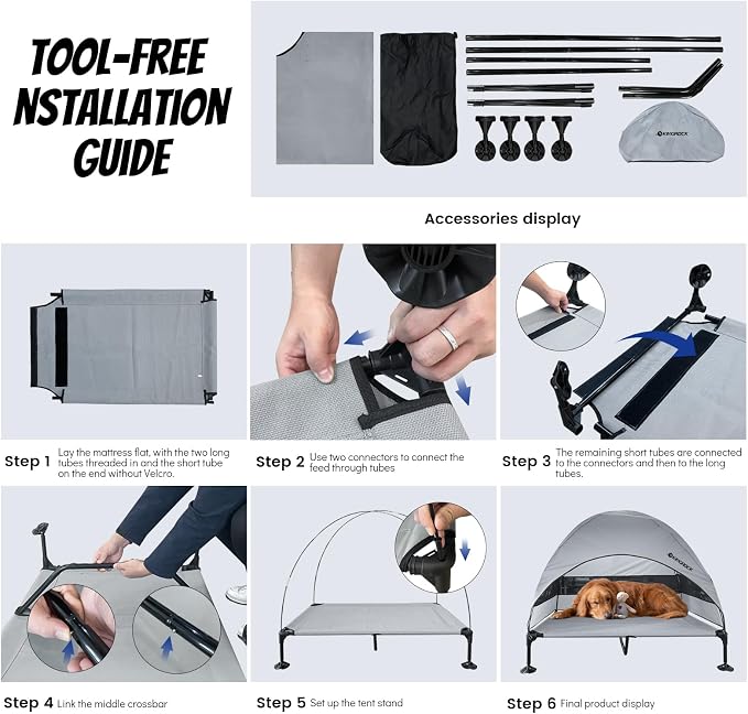 KINGROCK Elevated Dog Bed with Removable Canopy Portable Outdoor Pet Cot Waterproof 600D Oxford Fabric Anti Slip Feet for Large Dogs Camping Beach Indoor and Outdoor Use