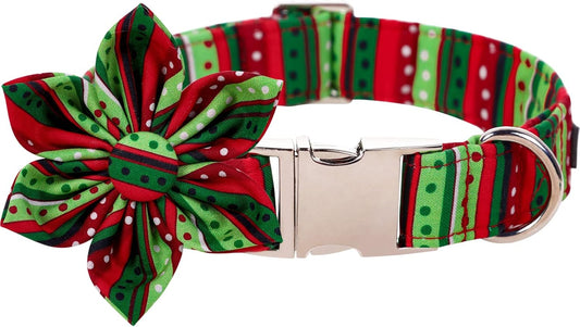 Lionet Paws Christmas Dog Collar with Flower, Dog Flower Collar with Metal Buckle for Dogs and Cats, Adjustable Comfortable Dog Collar Girl Gift, XS, Neck 8-12 in