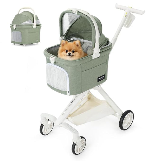 TT Pet Stroller for Small Dogs & Cats (Green) | Detachable Carrier, Aluminum Alloy Frame, Adjustable Handle, Easy Assembly, One-Touch Braking, Larger Rear Wheels