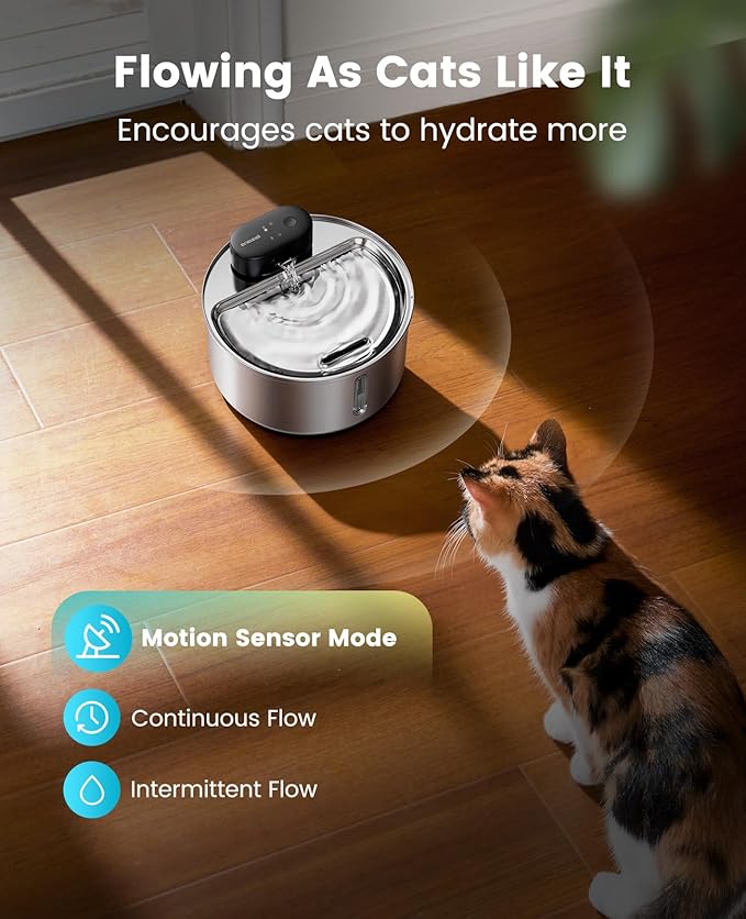 oneisall Cat Water Fountain Wireless: Stainless Steel 3.2L/108oz Cordless Pet Water Fountain, Ultra Quiet SilentFlow™ Pump, Battery Operated Automatic Water Dispenser for Cats Indoor, Motion Sensor
