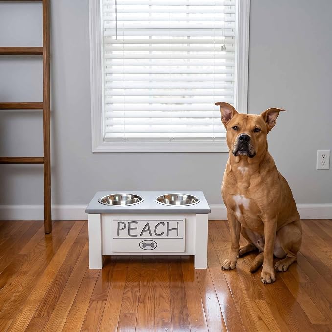 Elevated Dog Bowls, Personalized Raised Dog Bowl Stand for Medium Dogs | Farmhouse Style, Elevated Wood Stand, Storage Container, Stainless Steel Bowls, Raised Anti-Slip Feeder, Made in USA