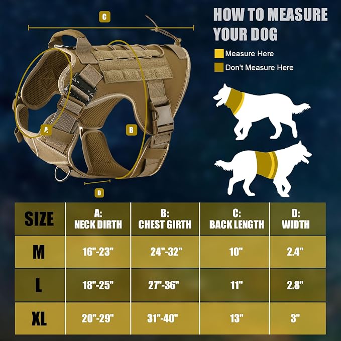 Tactical Dog Harness, Military Reflective Dog Harness | 2X Metal Buckle，Hidden Airtag Holder and Handle, Adjustable No-Pull Service Dog Vest with Molle & Loop Panels