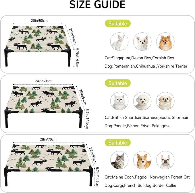 Outdoor Elevated Dog Bed for Large Dogs, Black Green Moose Breathable Cooling Raised Dog Cot for Indoor/Outdoor, Modern Animals Trees Rustic Waterproof Elevated Pet Beds, L 28 x 22 in
