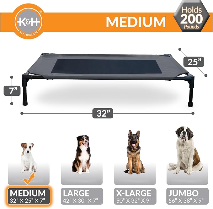 K&H Outdoor Elevated Dog Bed, Cooling Raised Dog Bed, Charcoal, Medium | Pet Cot for Medium & Large Pets, Breathable Mesh Center Hammock Design, Indoor/Outdoor Washable Cover, 32x25in