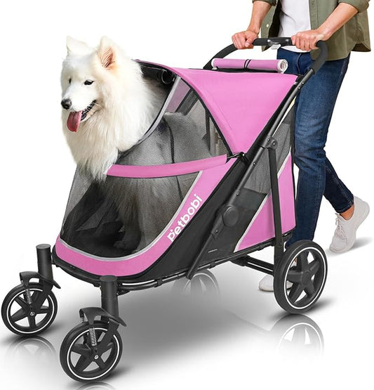 Petbobi Dog Stroller for Large & Medium Dogs - Easy Fold Dual Entry Pet Stroller with One-Foot Brake, All Terrain Wagon Cart with Air Mesh, Ideal for Large Senior Pets up to 80 lbs, Pink