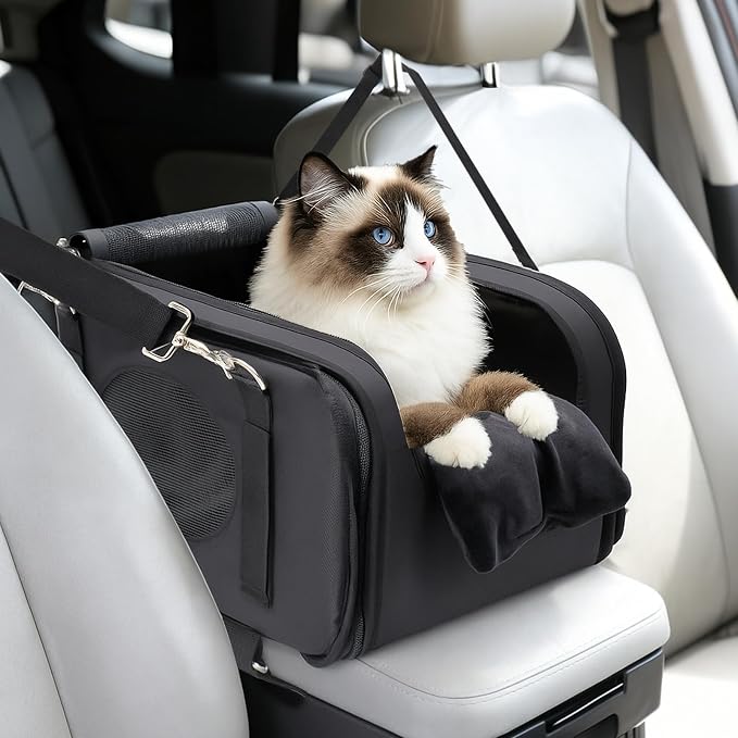 Mity rain 3 in 1 Cat Car Seat for Center Console with Cushion for Travel | Portable Carrier for Shoulder Handle Car, Foldable Pet Armrest Booster Seat for Small Dogs & Cats (Up to 15lbs)