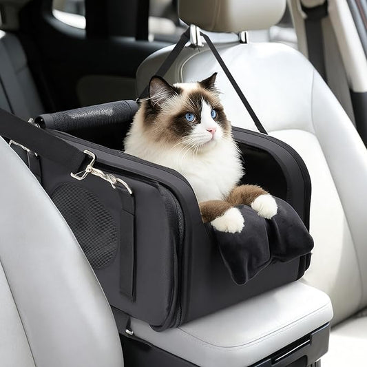 Mity rain 3 in 1 Cat Car Seat for Center Console with Cushion for Travel | Portable Carrier for Shoulder Handle Car, Foldable Pet Armrest Booster Seat for Small Dogs & Cats (Up to 15lbs)