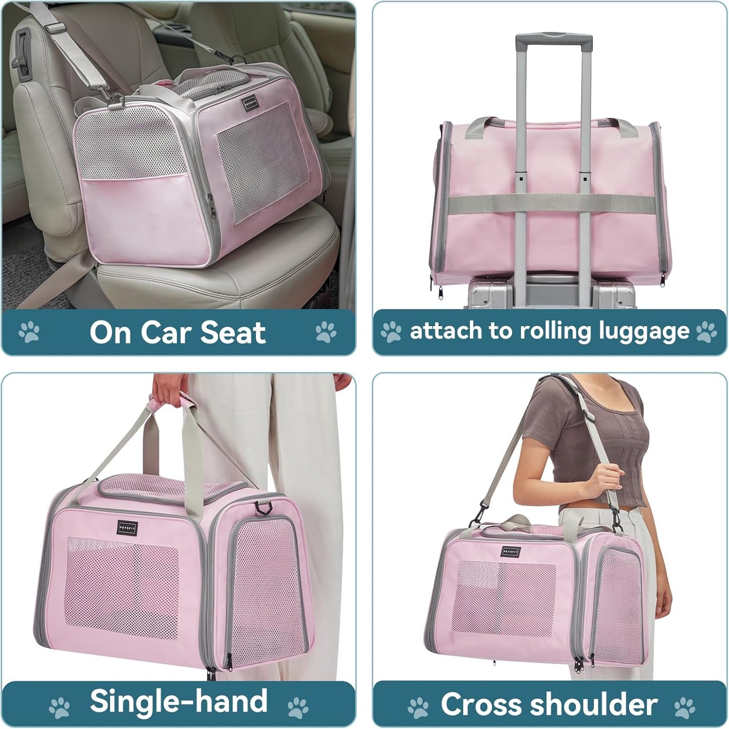 PETSFIT Cat Carrier for Large Cats, Dog Carriers for Small Dogs Under 25 Lbs, Soft Pet Carrier, Cat Crates for Indoor Cats with Cozy Extendable Mat (Large, Pink)