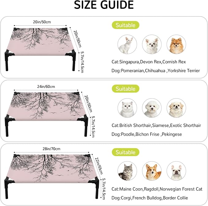 Outdoor Elevated Dog Bed for Small Dogs, Pink Black Branches Breathable Cooling Raised Dog Cot for Indoor/Outdoor, Botanical Dead Tree Birds Waterproof Elevated Pet Beds, S 20 x 20 in
