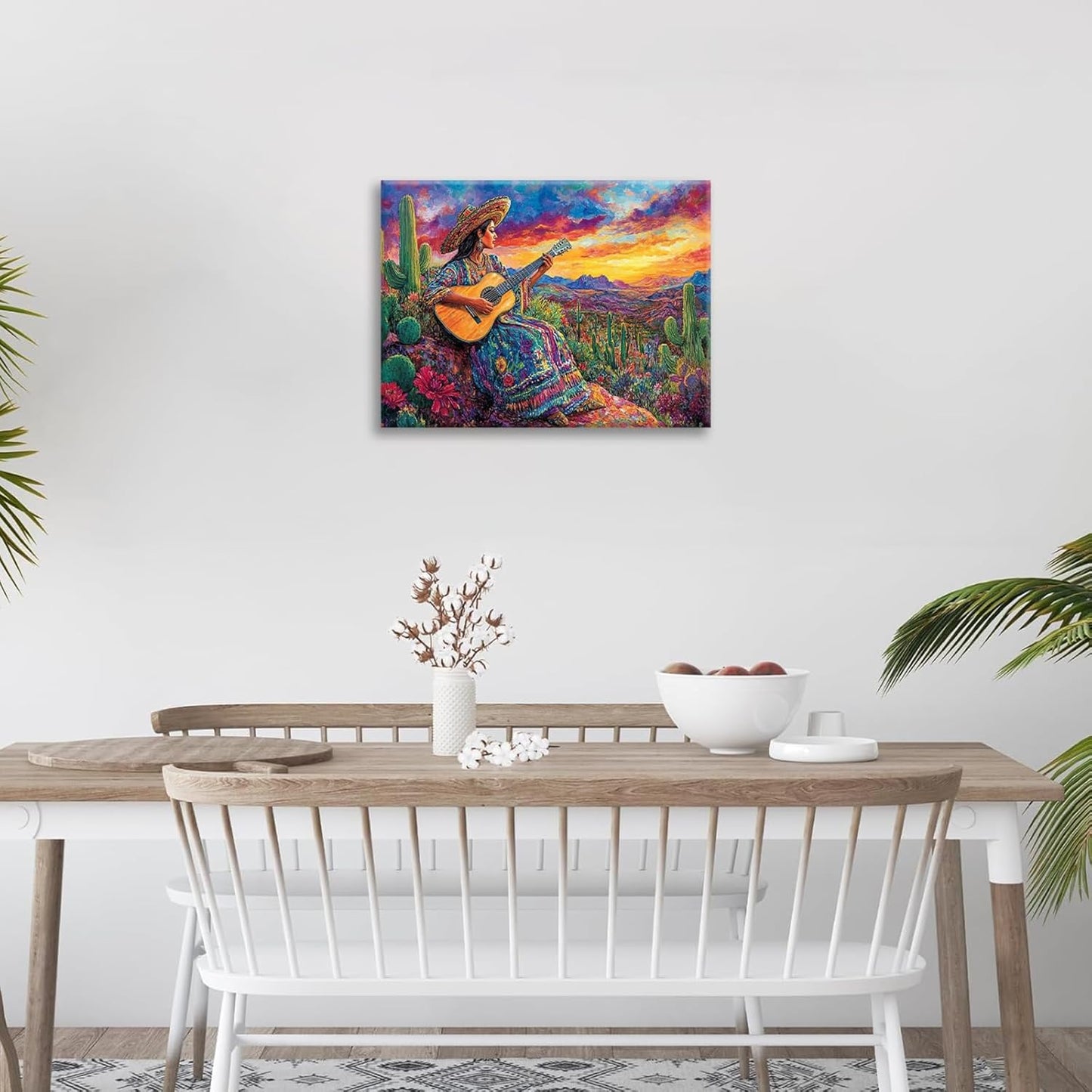 Mexican Women Pictures Wall Art, Cactus Landscape Bathroom Wall Decor, Nature Scenery Aesthetics Framed Painting Desert Modern Canvas Artwork for Bathroom Bedroom Living Room Decorations 24"L x 16"W