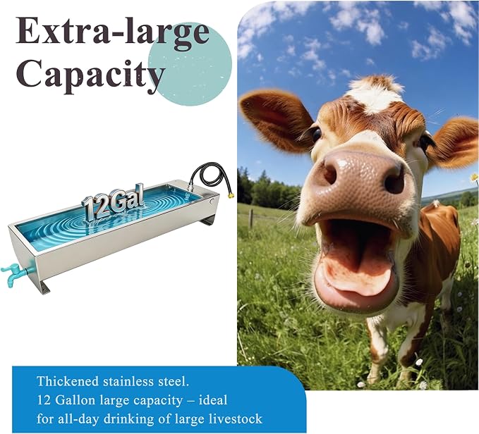 Automatic Livestock Waterer Drinking Trough Large Dog Water Bowl Dispenser 12 Gallon Stainless Steel with Float Valve for Cattle Chicken Goat Horse Pigs Poultry Outdoor Animals