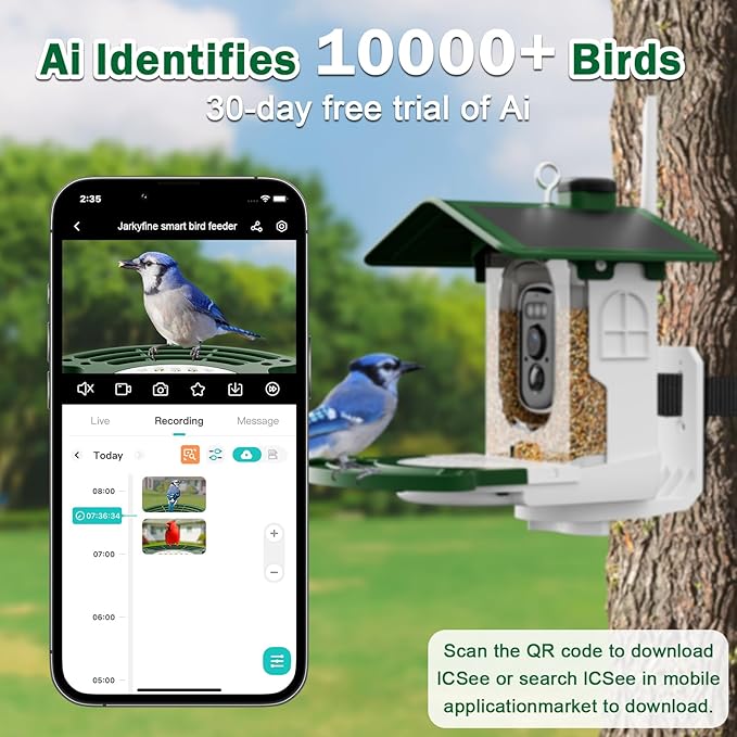 Jarkyfine Smart Bird Feeder with Camera Solar Powered - AI Bird Identification, 2.4Ghz WiFi, 2K HD Video Live Stream Camera, 3MP Photos, 2.9in Focus, Gifts for Mom Dad Birdlovers, Green
