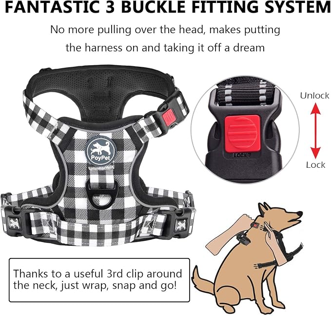 PoyPet Plaid Dog Harness Small, No Pull Vest with Front Clip & Neck Buckle | Padded Handle, Reflective, No Choke, Lockable, 2 Leash Rings, Full Adjustable, for Training Walking, S, Grid