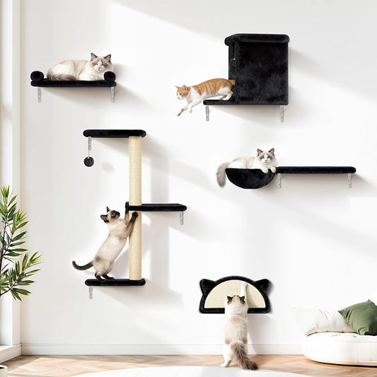 5-in-1 Cat Wall Shelves, Solid Wood & Velvet & Sisal Scratcher, 44lbs Max Load, Wall Mounted Cat Furniture for Climbers, Cat Climbing Wall System, Fits Drywall & Solid Walls - Black