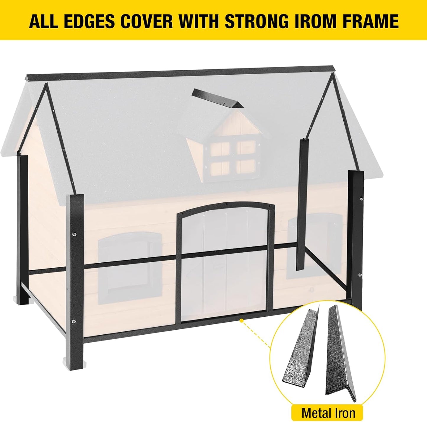 Aivituvin Dog House with Insulated Liner Anti-Chewing Metal Frame Design Insulated Wooden Dog Kennel with Unique Design Roof, Weatherproof Dog House for Outdoor Indoor